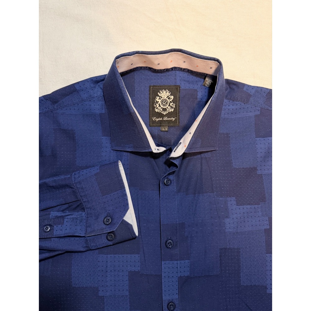 English Laundry Mens XL Navy Blue Geometric Block Print Long Sleeve Button Down